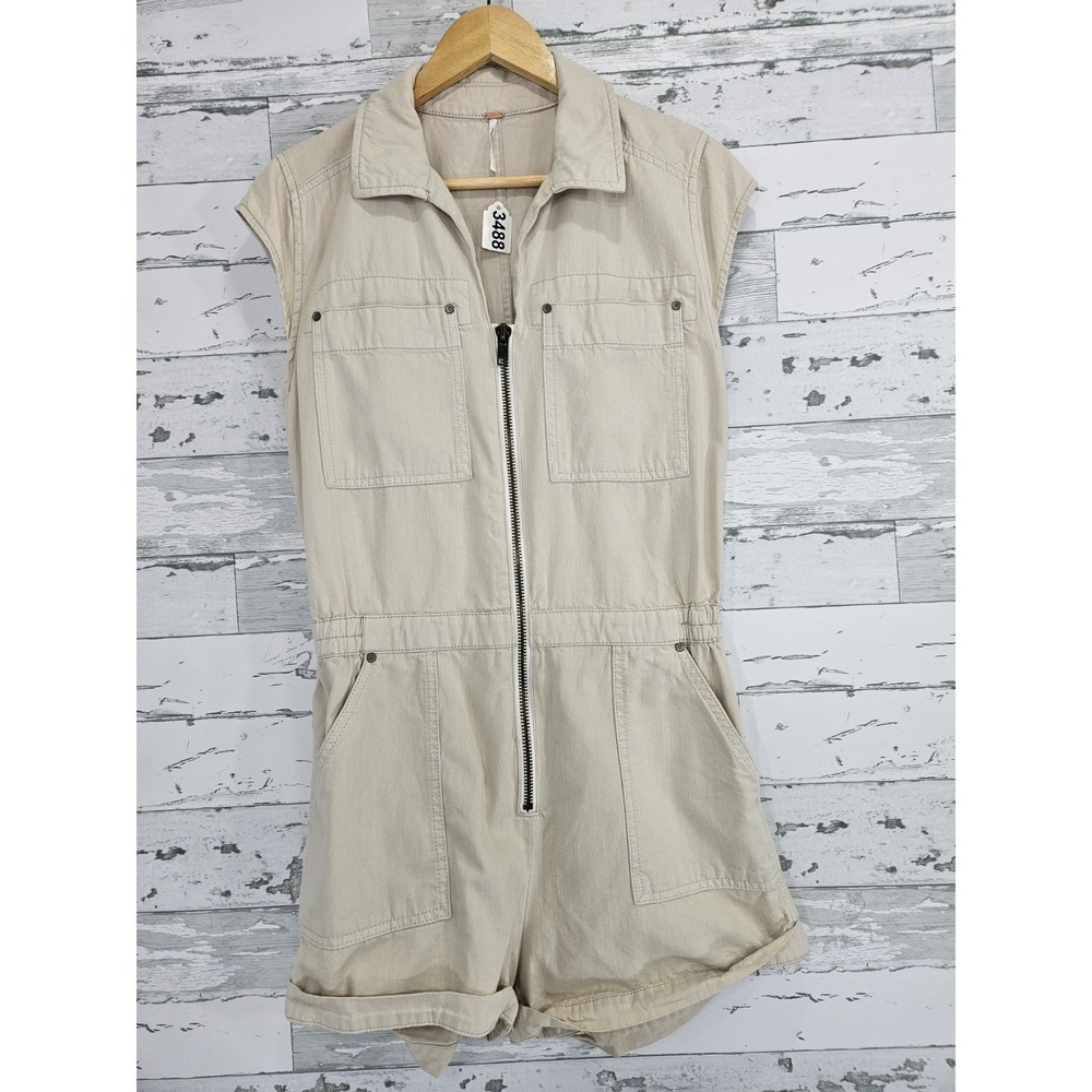 Free People Women Tan Cotton Denim Utility Zip Front Romper Sleeveless Small